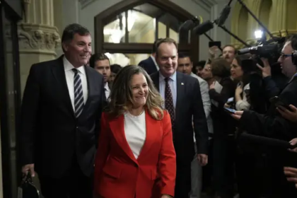 Former MP Freeland at press conference on Election Act violation