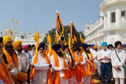 Amritsar Hola Mohalla Procession starting from Akal Takht Sahib with Sikh devotees and Gatka teams