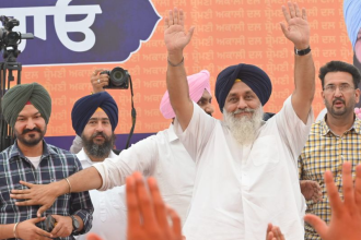 Sukhbir Badal addressing Akali Dal rally in Punjab village