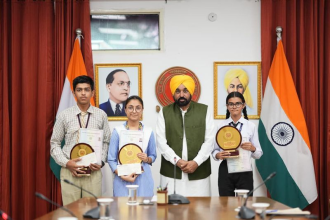 Punjab Chief Minister honoring top three 10th class students in Chandigarh with awards and recognition ceremony