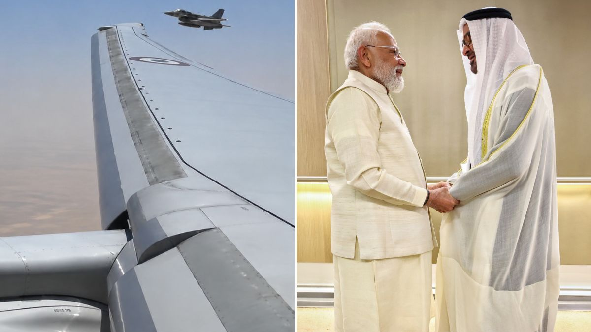 PM Narendra Modi’s aircraft escorted by UAE F-16 fighter jets in Abu Dhabi airspace